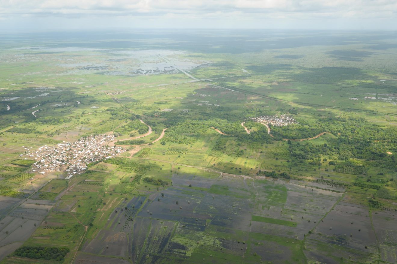 An aerial view of flooding in two towns near Jowhar, Somalia, on November 12. Heavy rains in Somalia, coupled with recent disputes between clans, has resulted in over four thousand IDPs seeking shelter at an AMISOM military base near the town of Jowhar, with more arriving daily. AU UN IST Photo / Tobin Jones